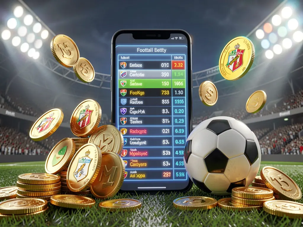 520BAT modern football betting visual featuring a smartphone with glowing sports odds interface, a soccer ball, golden coins, and stadium lights in a premium 3D illustration