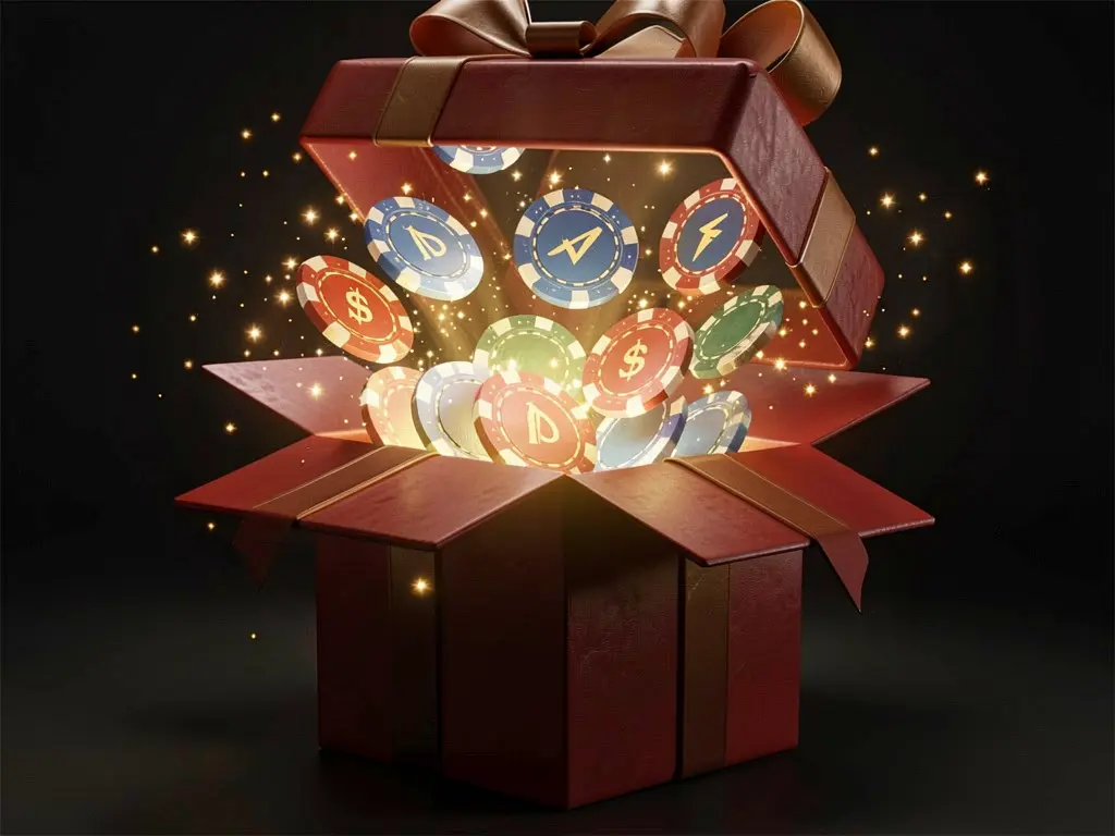 Realistic 3D render of a glowing gift box with free casino chips bursting out, surrounded by magical sparkles on a dark premium background, representing 520BAT no deposit bonus