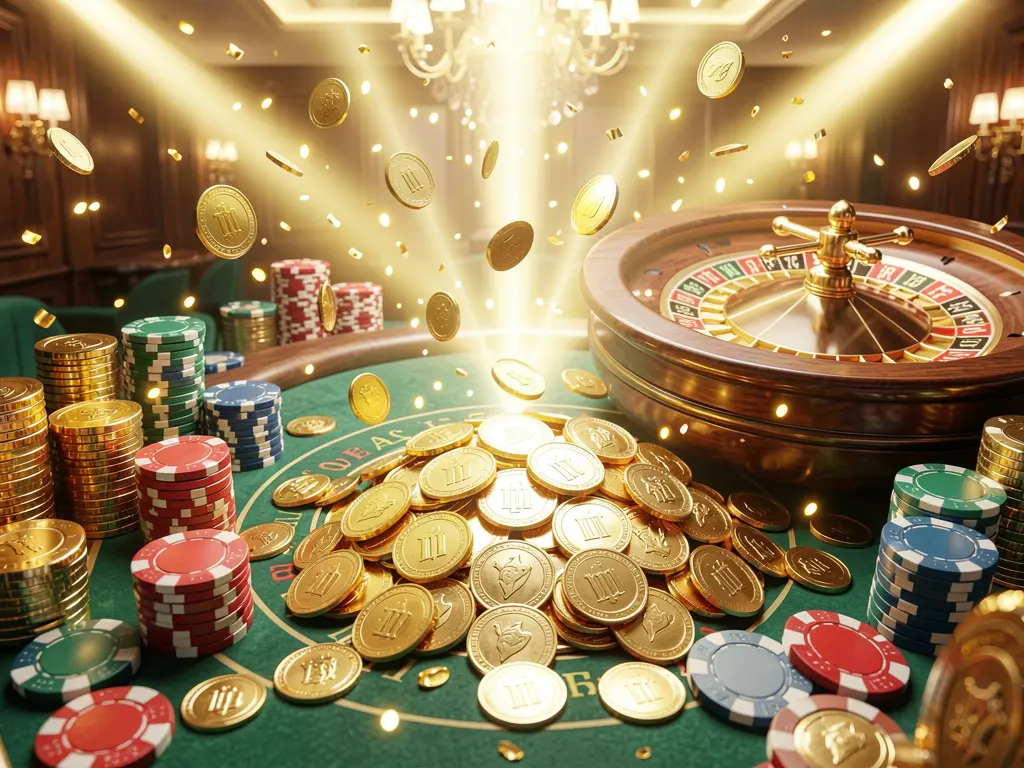 520BAT casino jackpot scene featuring golden coins, poker chips, and a roulette wheel with bright glowing lights creating a luxury celebration atmosphere in a realistic 3D render