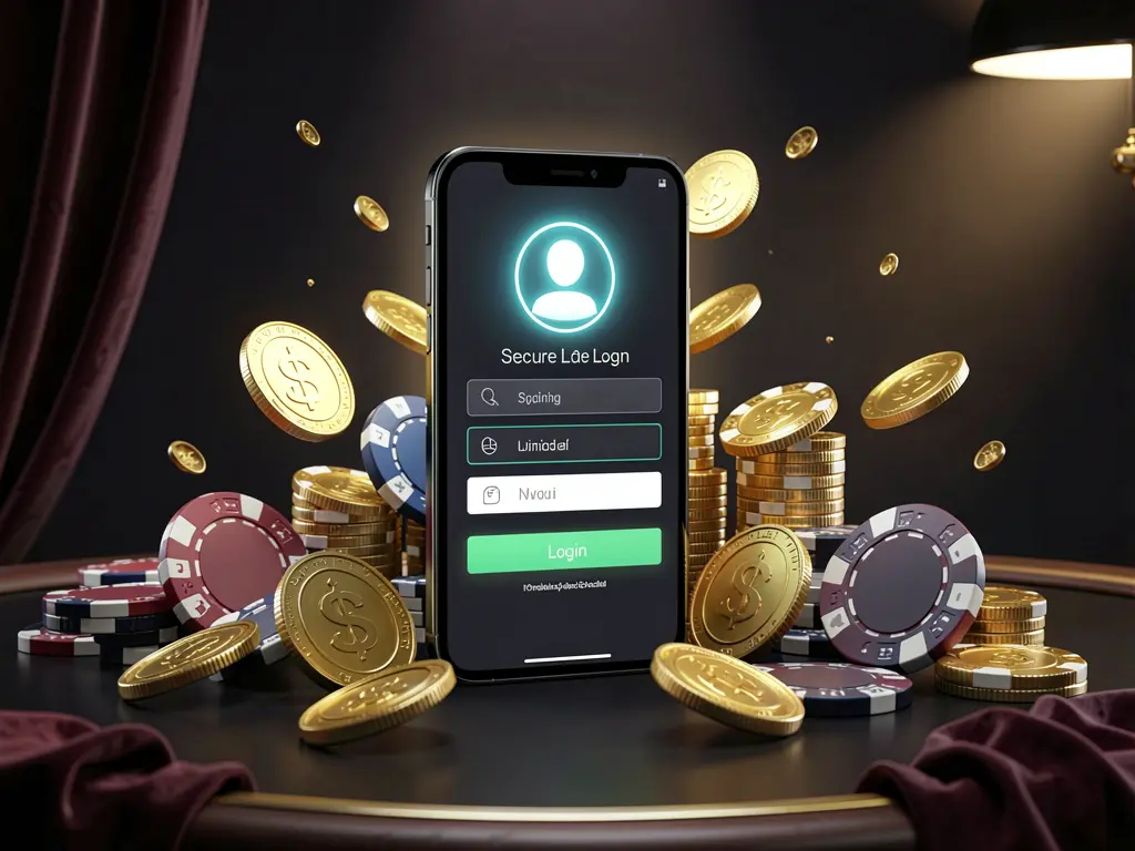 520BAT online casino login page hero banner featuring a modern smartphone with a secure login screen, glowing user profile icon, golden coins, and poker chips against a dark luxury background