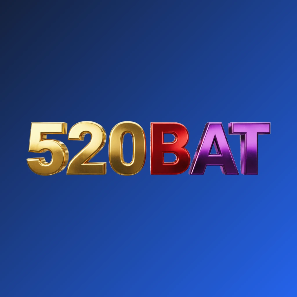 Bright premium 520BAT logo with thick uppercase typography in vivid gold, red, and purple colors, featuring a polished metallic finish and strong visual impact on a transparent background, designed as a horizontal rectangular wordmark for website header